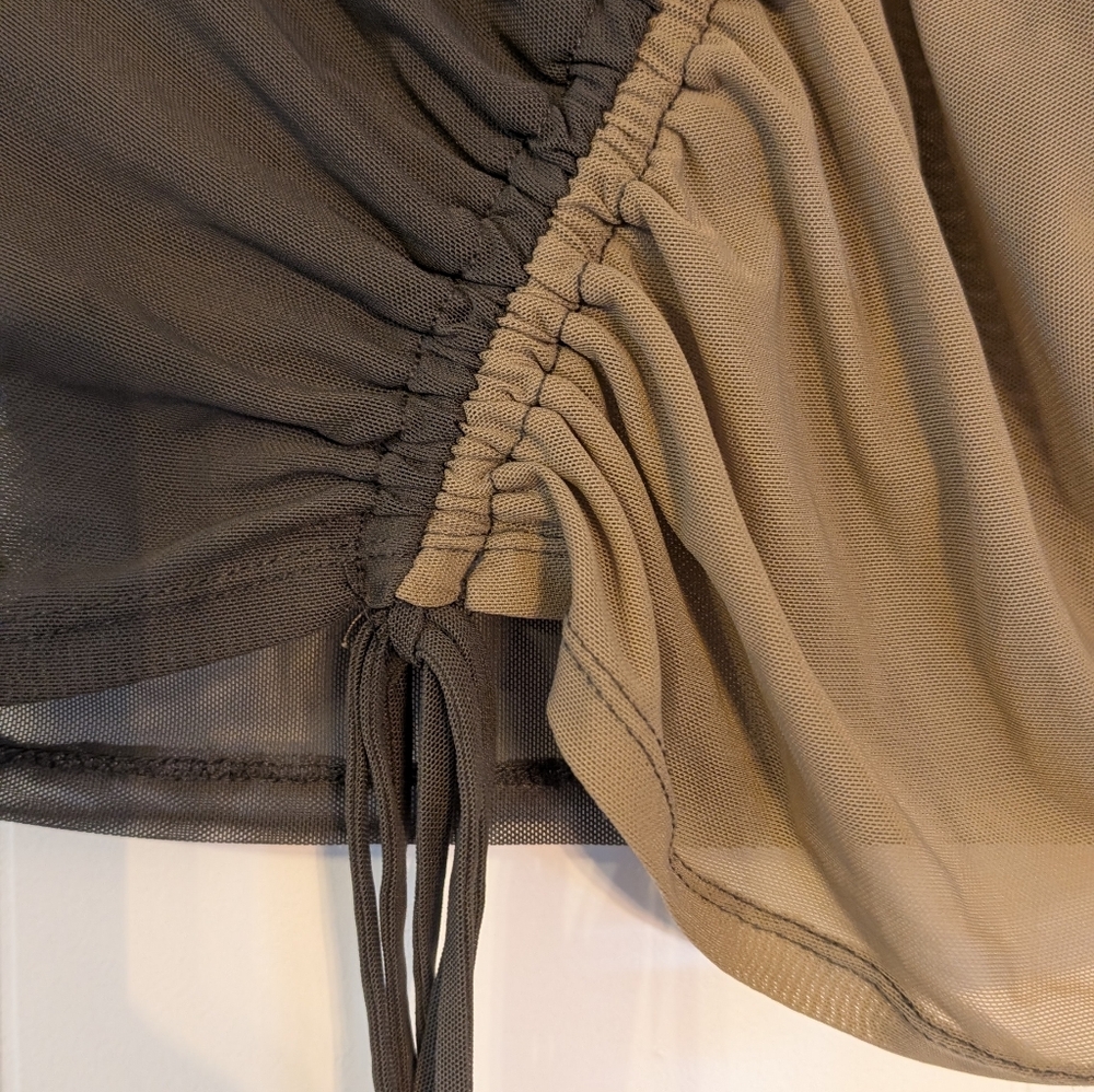 Two-Tone Ruched Mesh Long Sleeve Top - Olive & Taupe - Picture 2 of 3